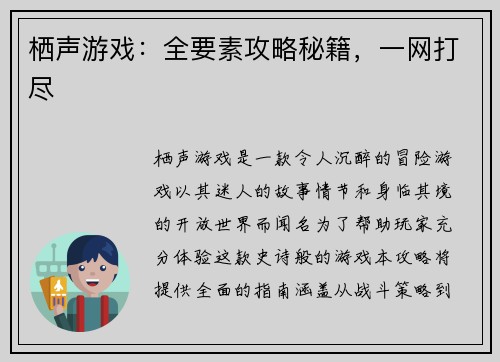 栖声游戏：全要素攻略秘籍，一网打尽